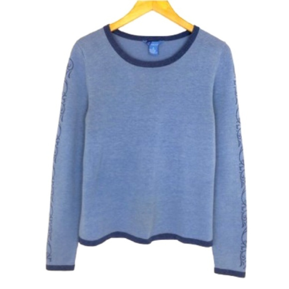 Title Nine Women’s Wool Blend Crewneck Sweater Blue Floral Long Sleeves Size S